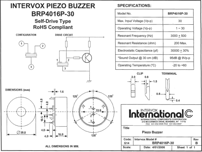 BRP4016P-30 PIEZO ALARM, SELF DRIVE TYPE - ALARM, BUZZER, SIREN